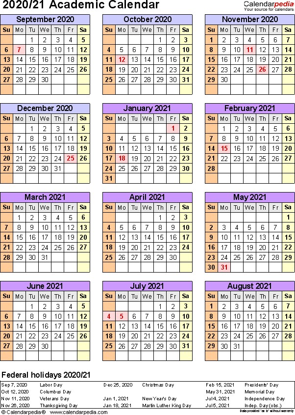academic calendars 2020 2021 as free printable pdf templates