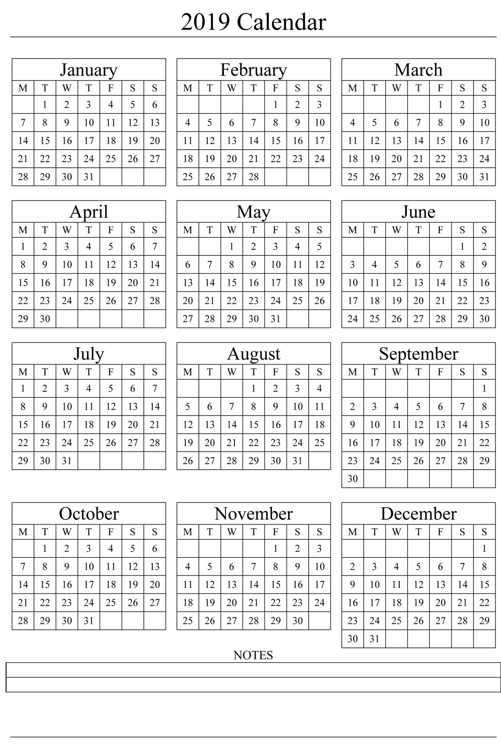 2019 printable calendar templates free printable