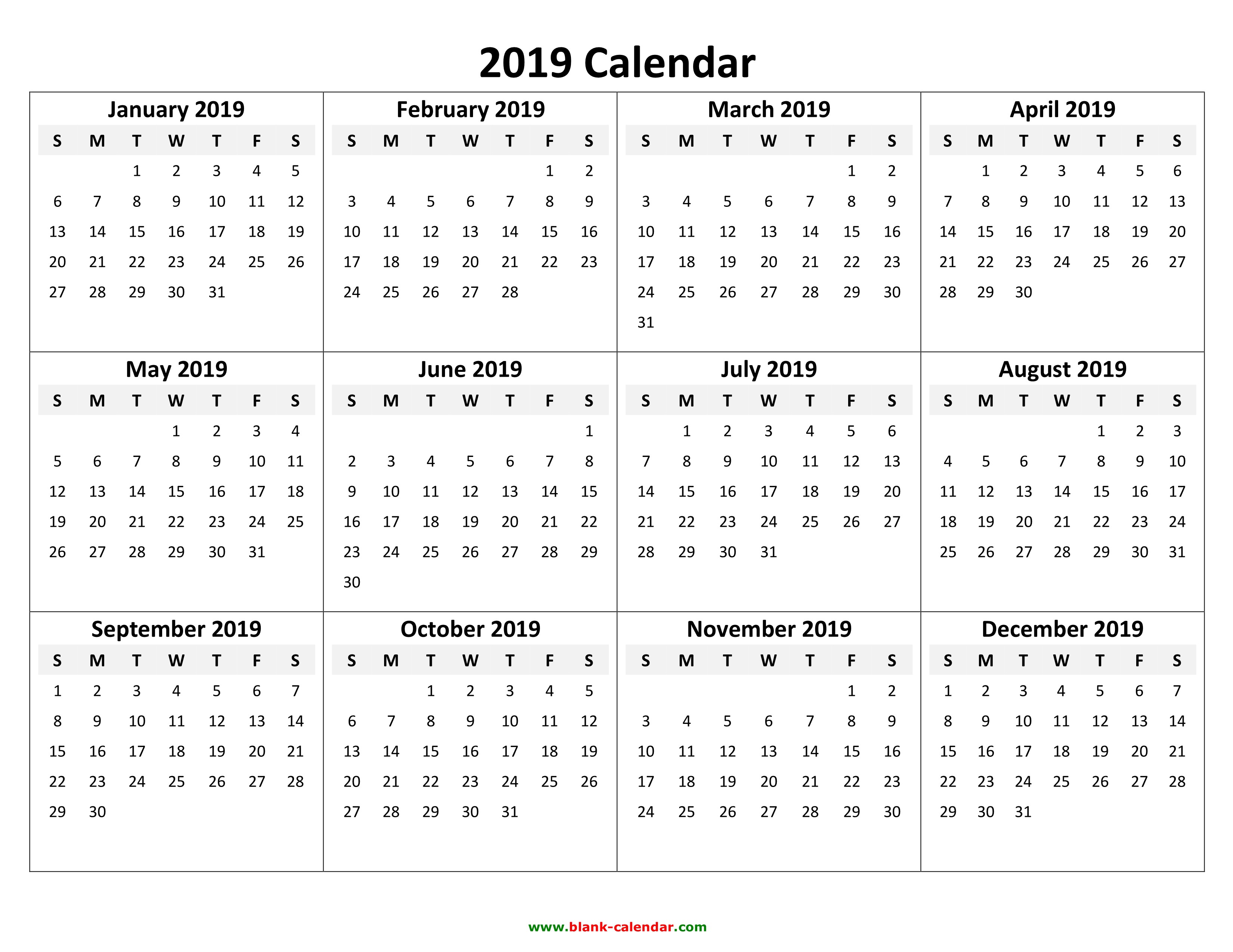 yearly calendar 2019 free download and print