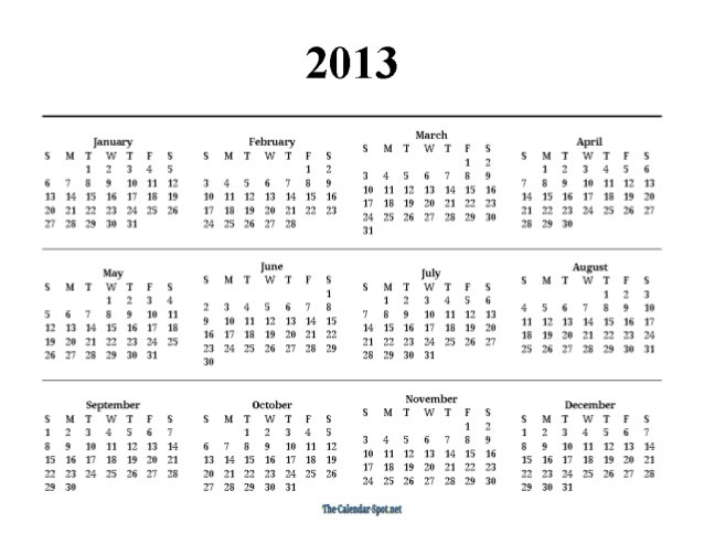 printable 2013 one page yearly pdf calendar