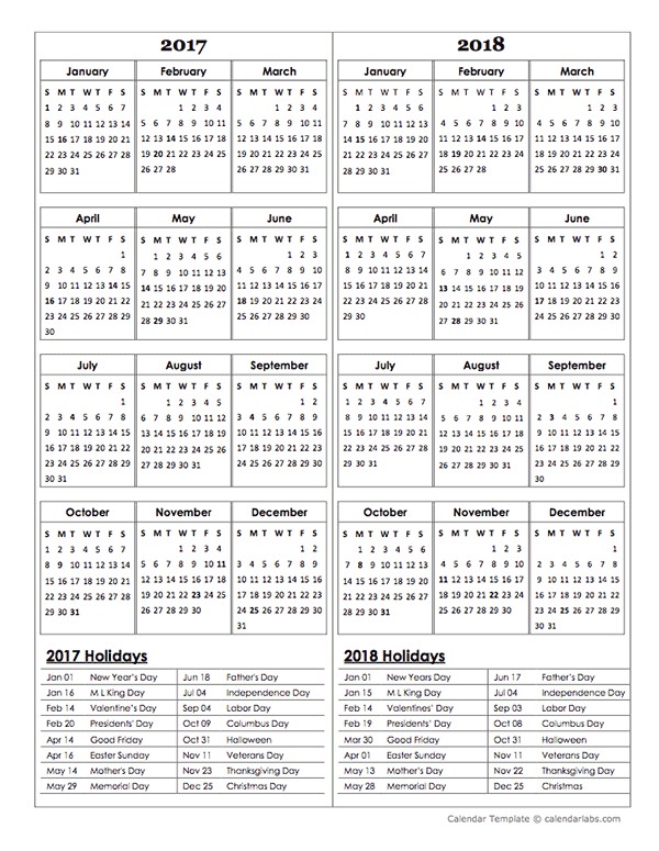 two year calendar template 2017 and 2018 free printable