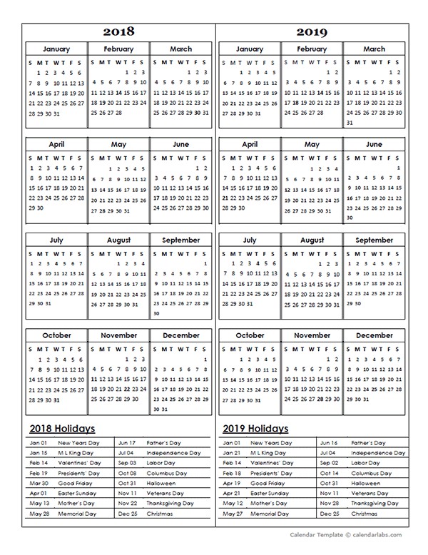 two year calendar template 2018 and 2019 free printable