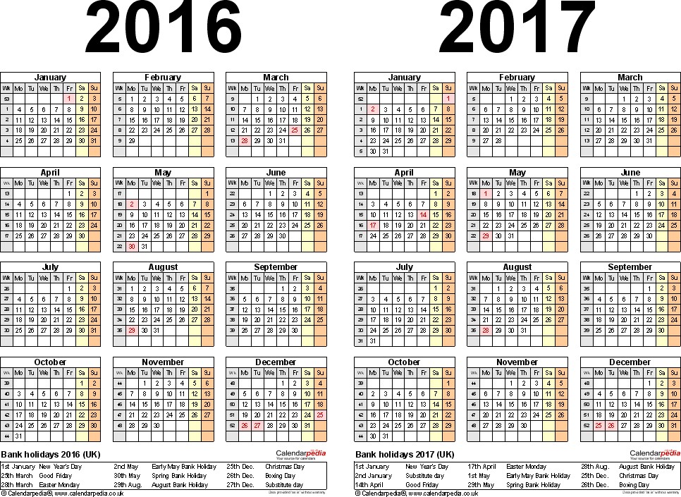 two year calendars for 2016 2017 uk for word