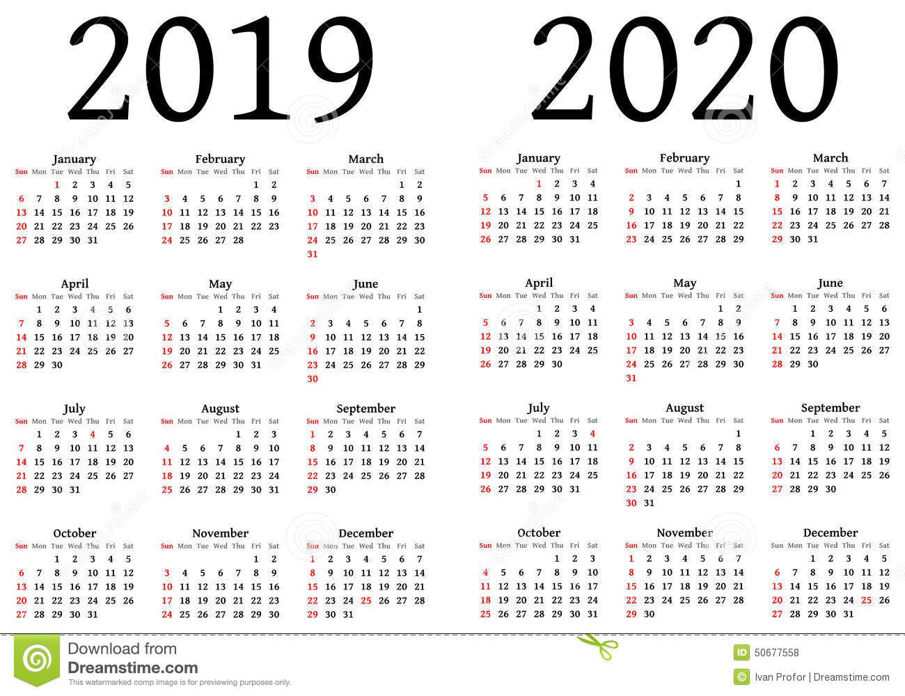 calendar for 2019 and 2020 stock vector illustration of