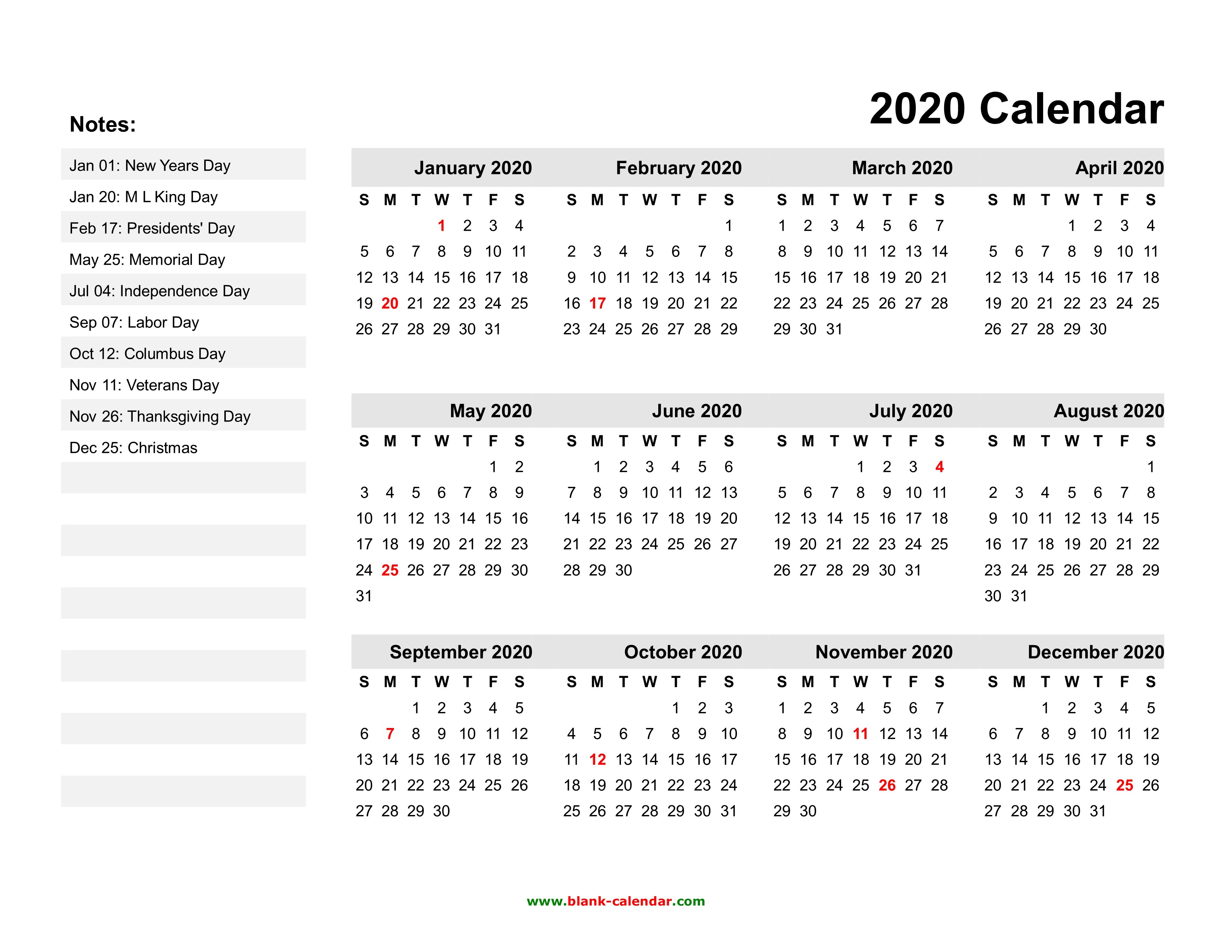 yearly calendar 2020 free download and print