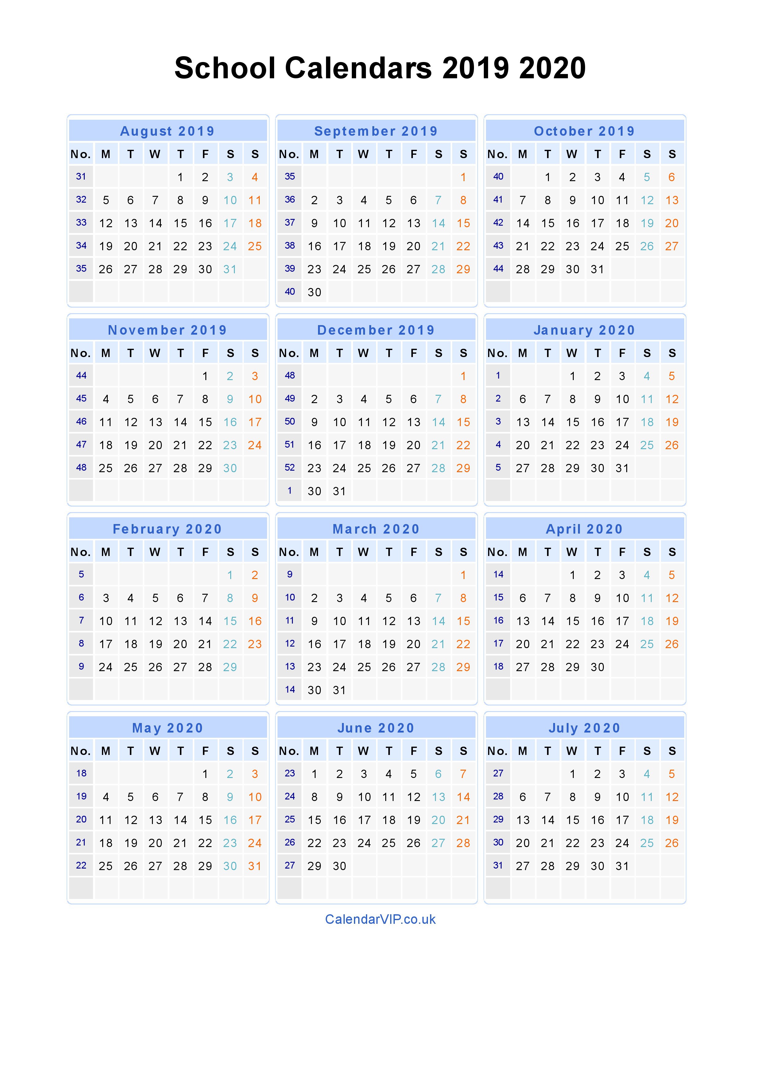 school calendars 2019 2020 calendar from august 2019 to