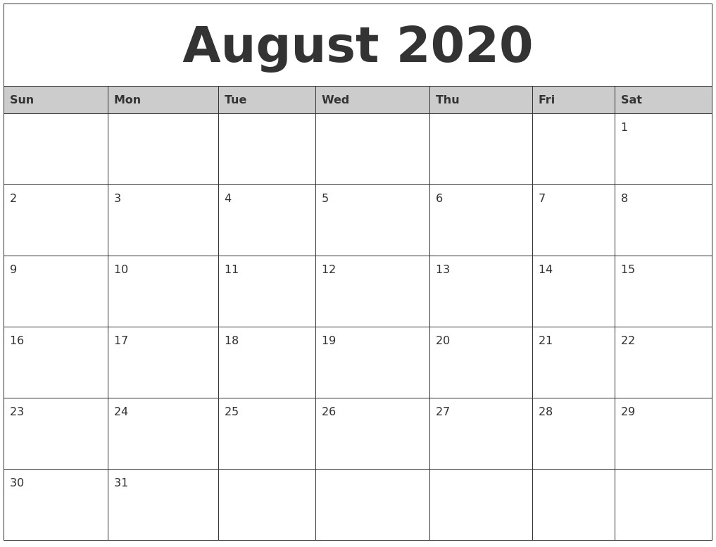 august 2020 monthly calendar printable