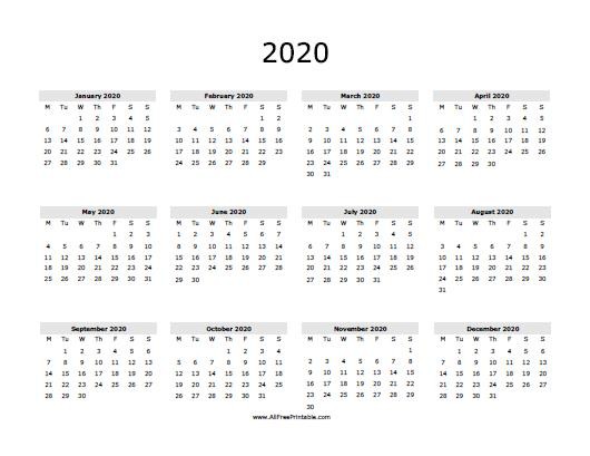 2020 calendar free printable allfreeprintable com