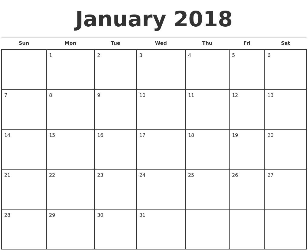 january 2018 monthly calendar template planning