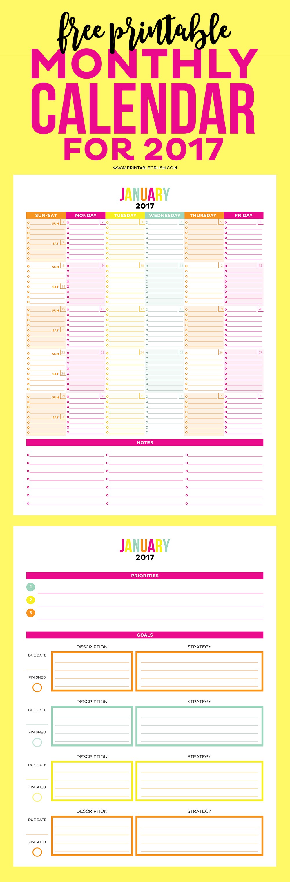2017 printable monthly calendar and goal sheets