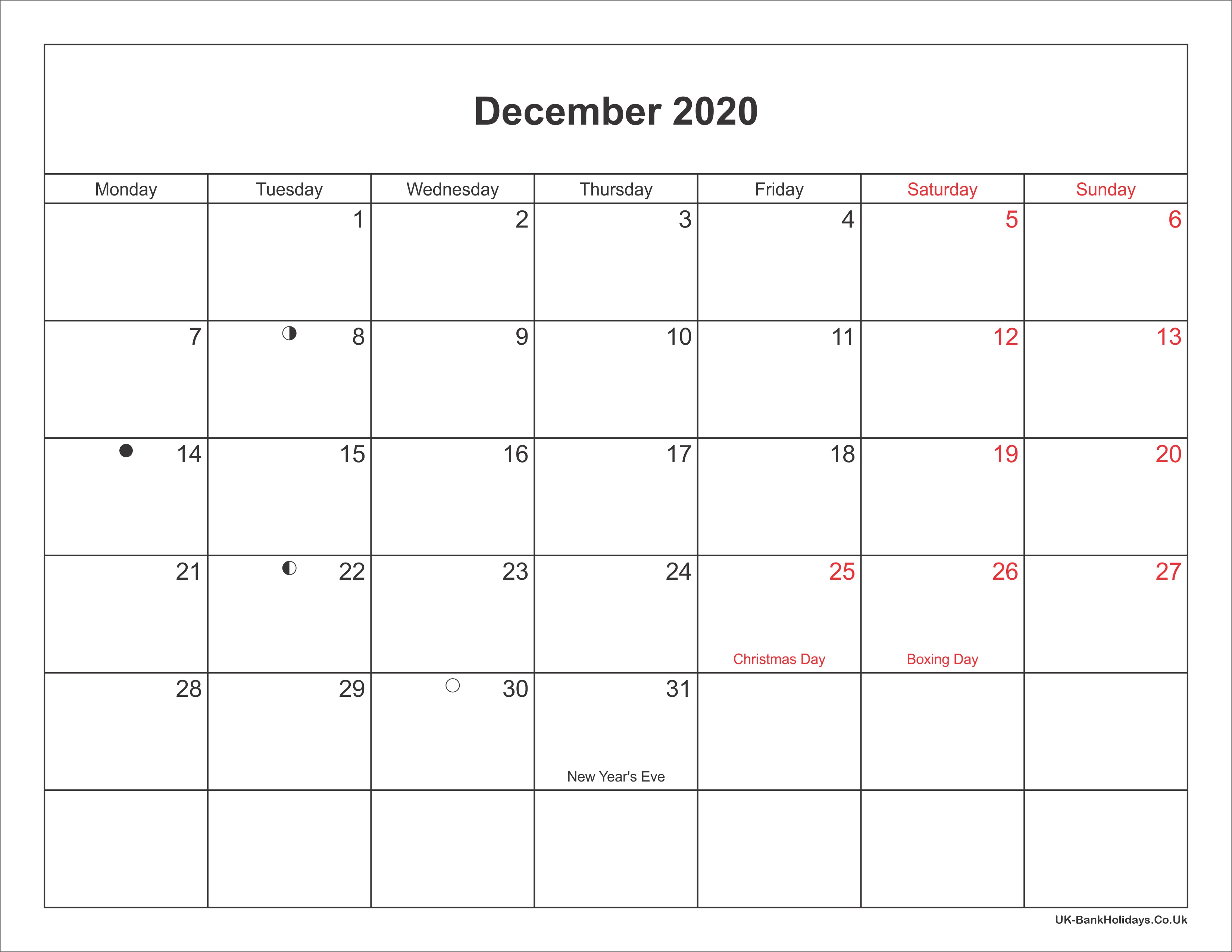 december 2020 calendar printable with bank holidays uk
