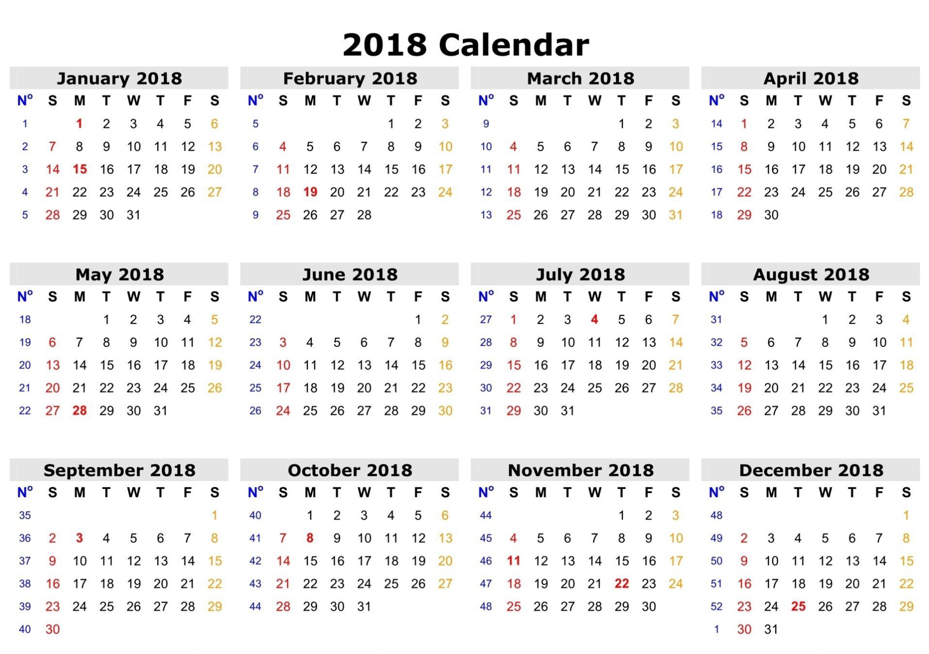 2018 yearly monthly calendar printable