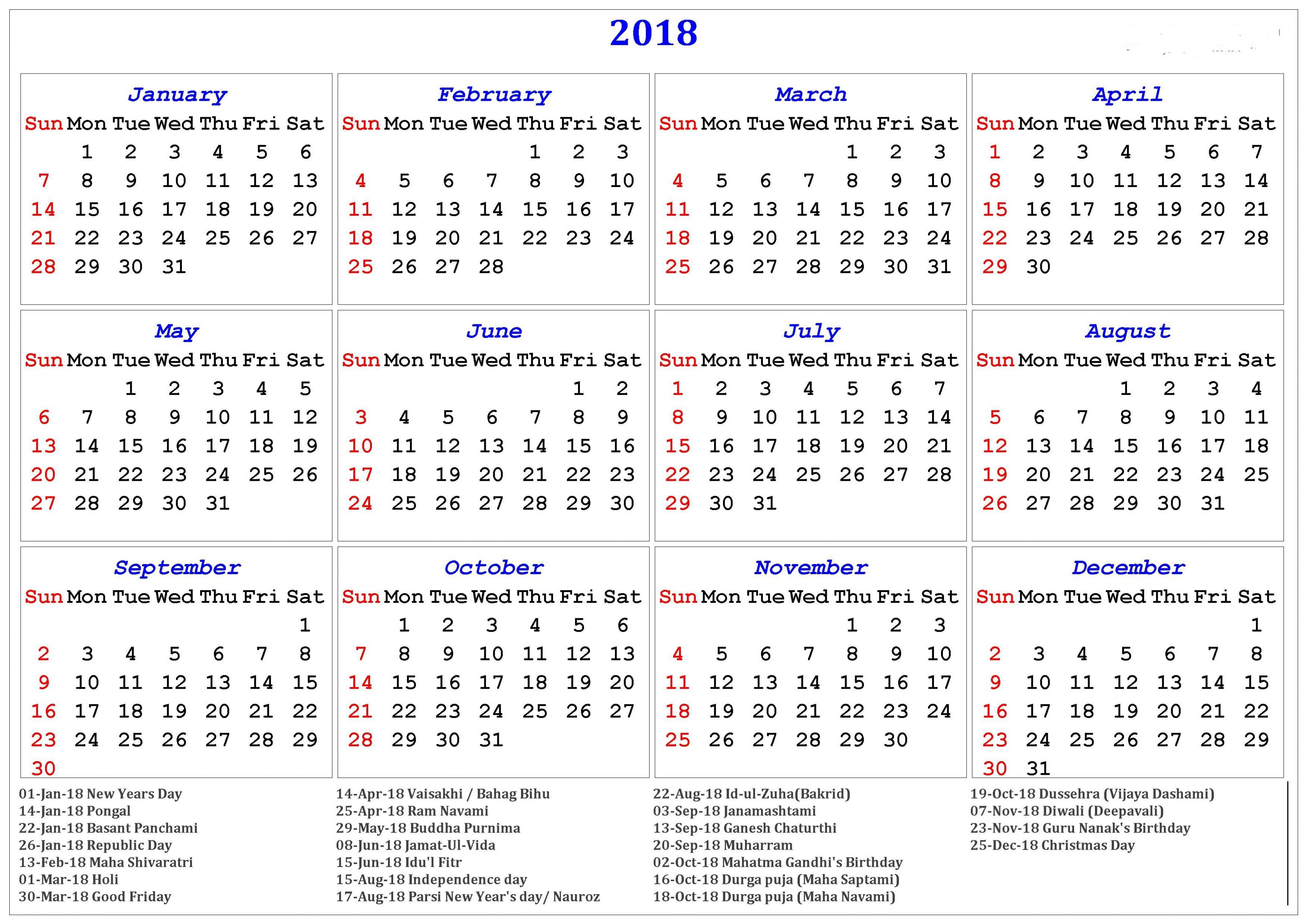 2018 calendar with holidays