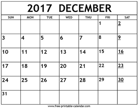 printable 2017 december calendar