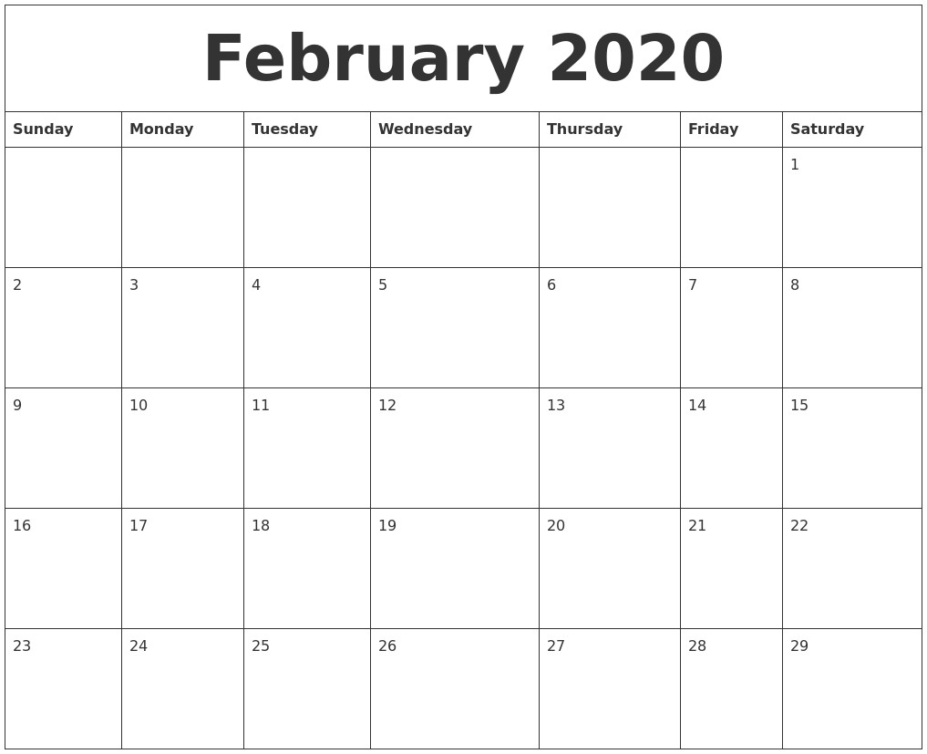 february 2020 calendar monthly