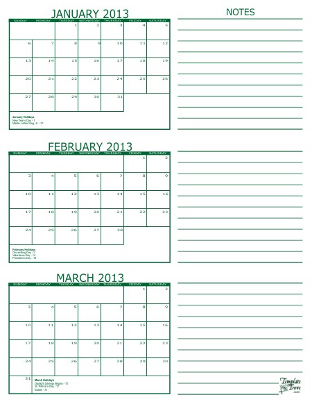 free printable 3 month calendar in pdf format five colors