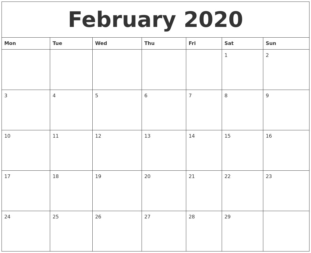 february 2020 printable calendar free