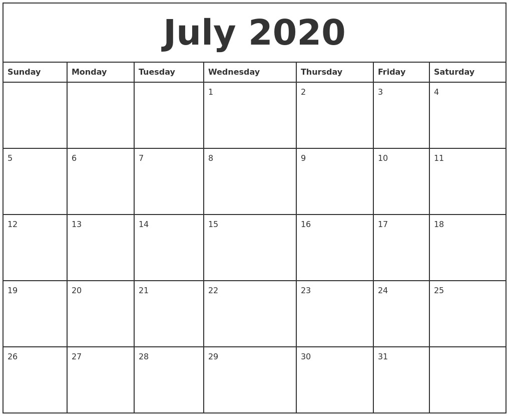july 2020 printable monthly calendar