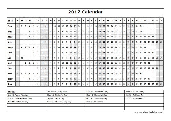 2017 calendar template year at a glance free printable