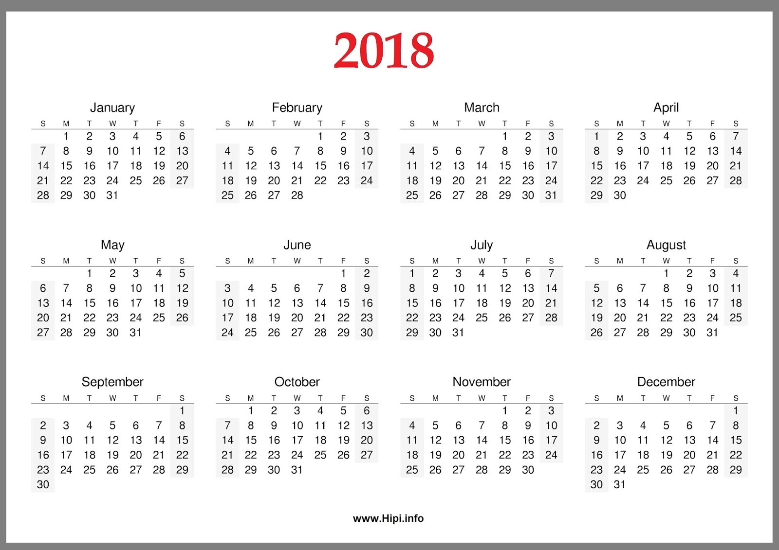 free 2018 yearly monthly printable calendar printable