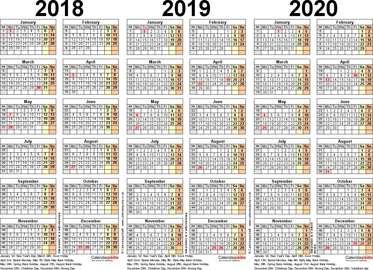 three year calendars for 2018 2019 2020 uk for word