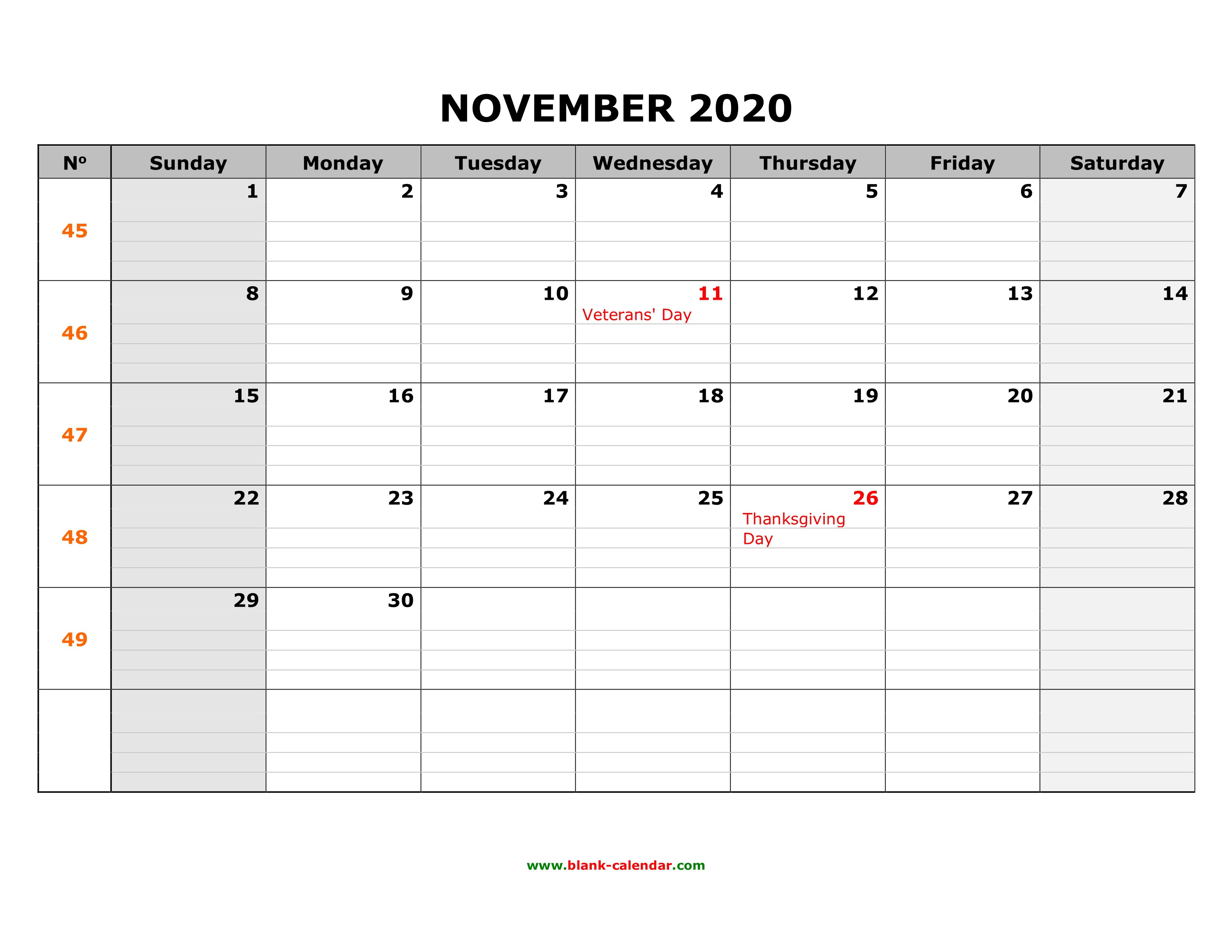 free download printable november 2020 calendar large box