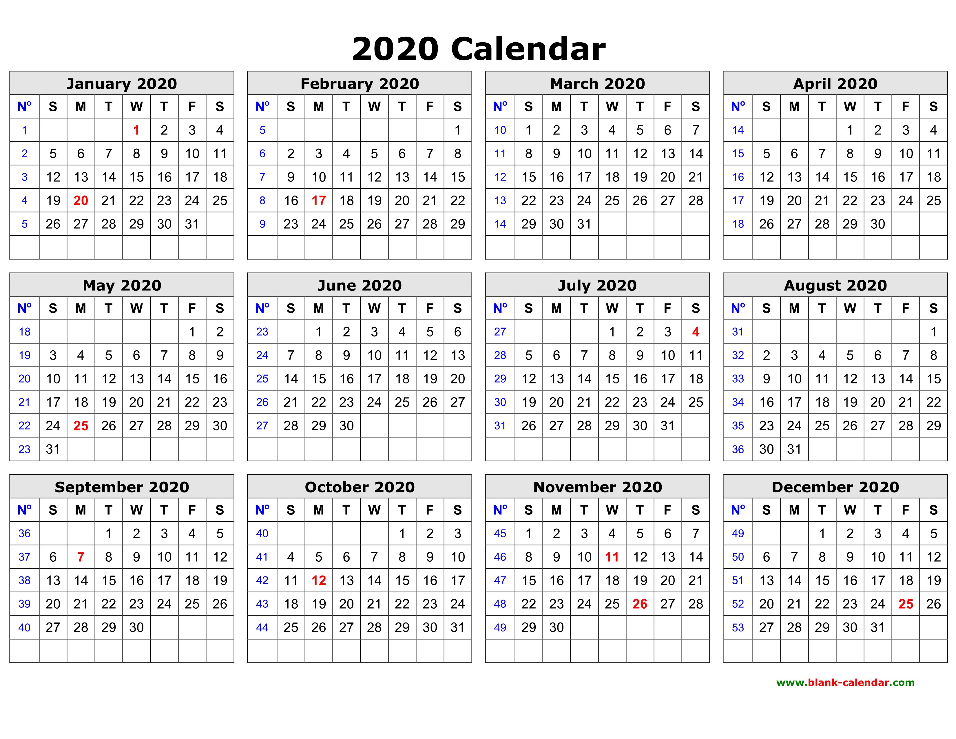 free download printable calendar 2020 in one page clean