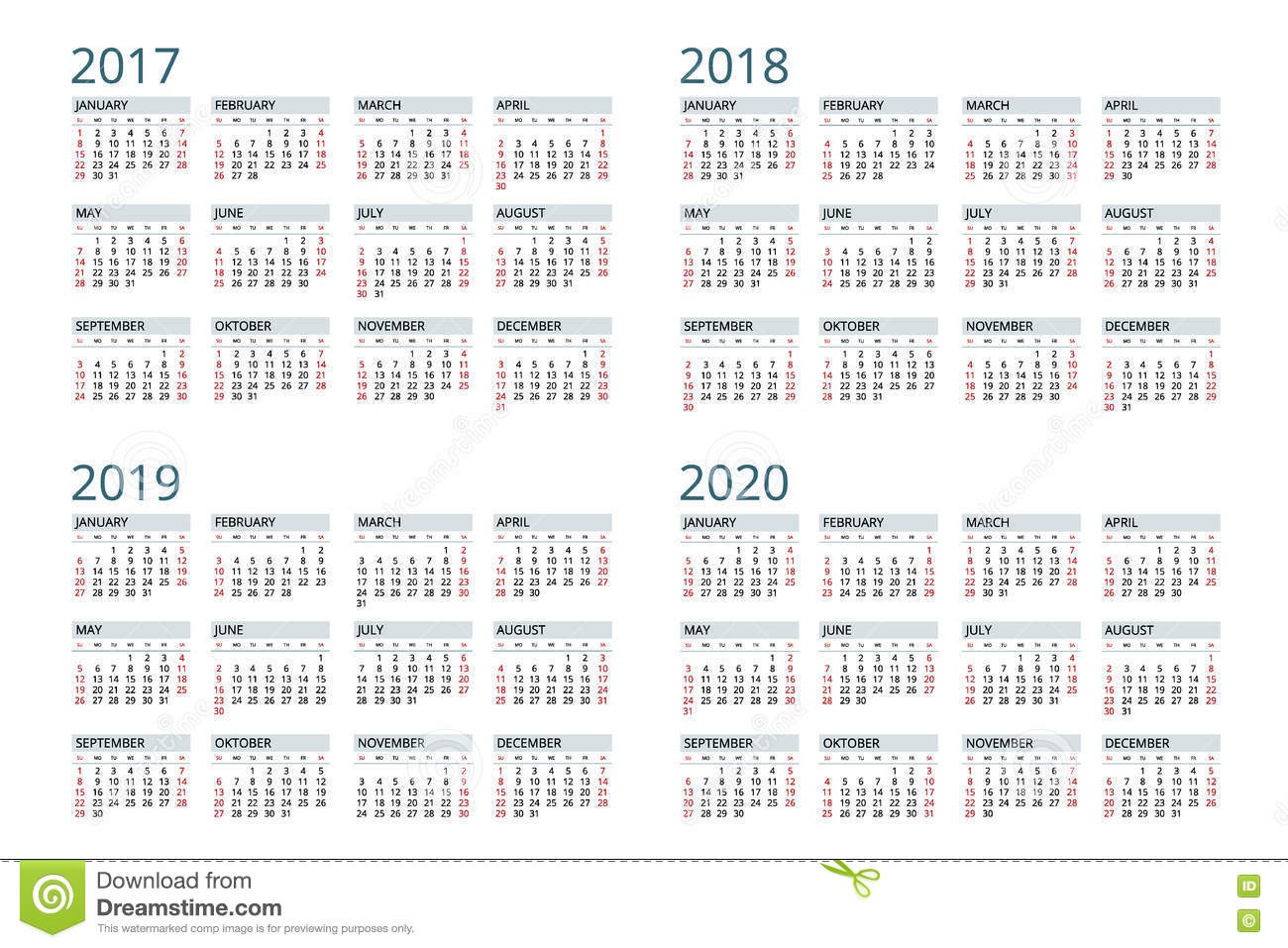 calendar for 2017 2018 2019 2020 week starts sunday
