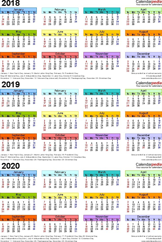 free printable three year calendar 2018 2019 free