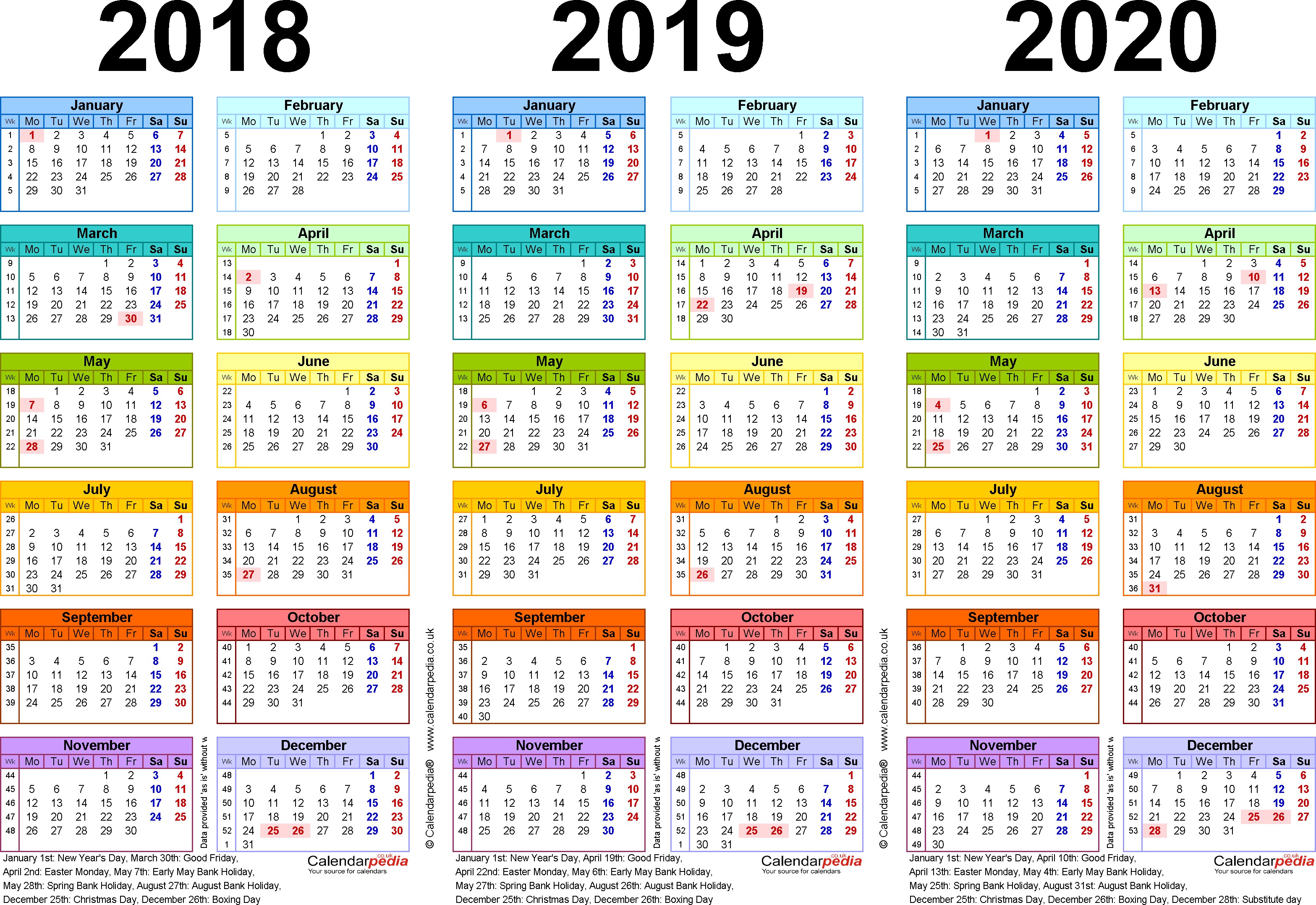 three year calendars for 2018 2019 2020 uk for excel