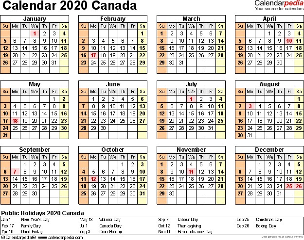 canada calendar 2020 free printable excel templates
