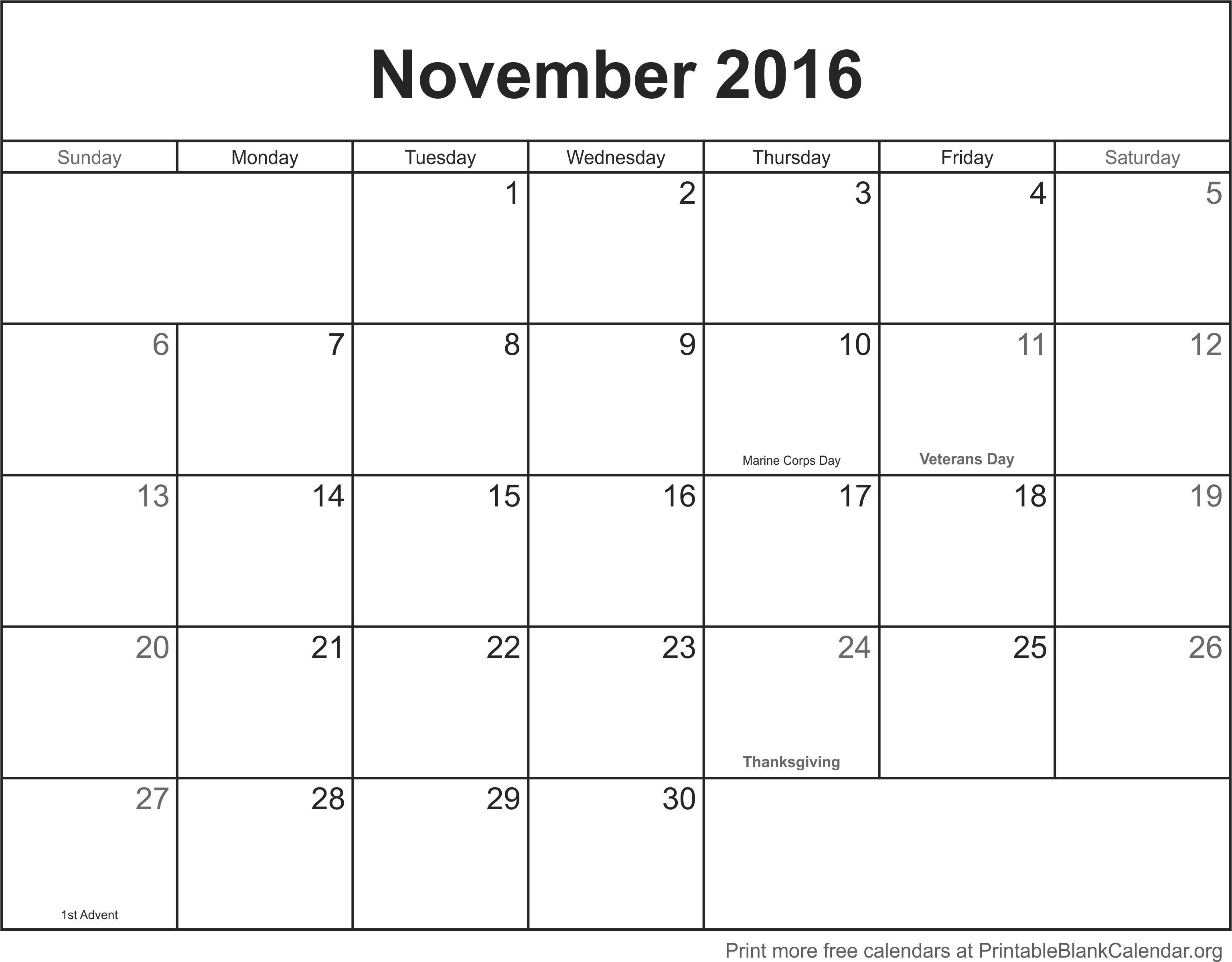 november 2016 printable blank calendar printable blank