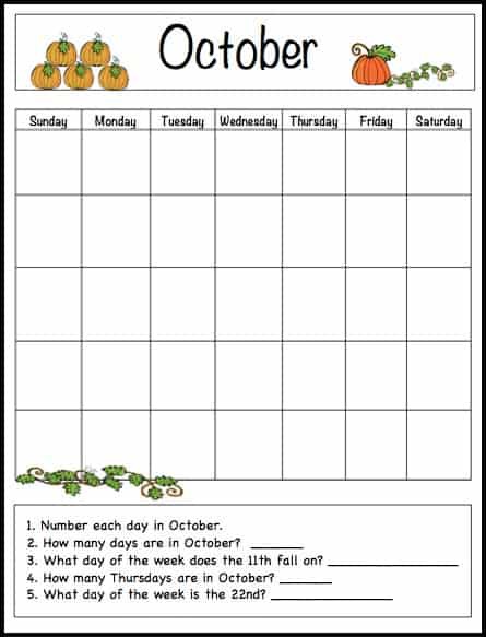 october learning calendar template for kids free