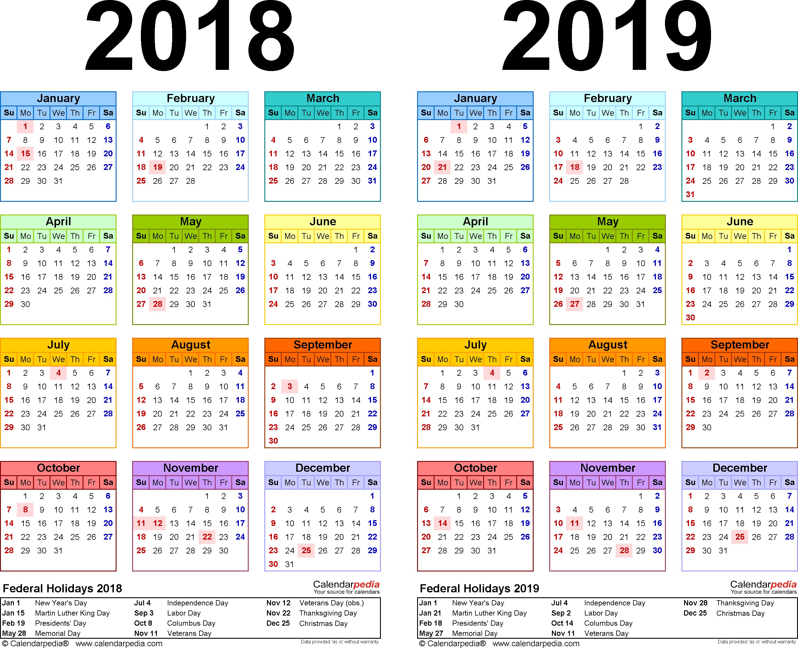 yearly calendar 2019 2018 calendar printable
