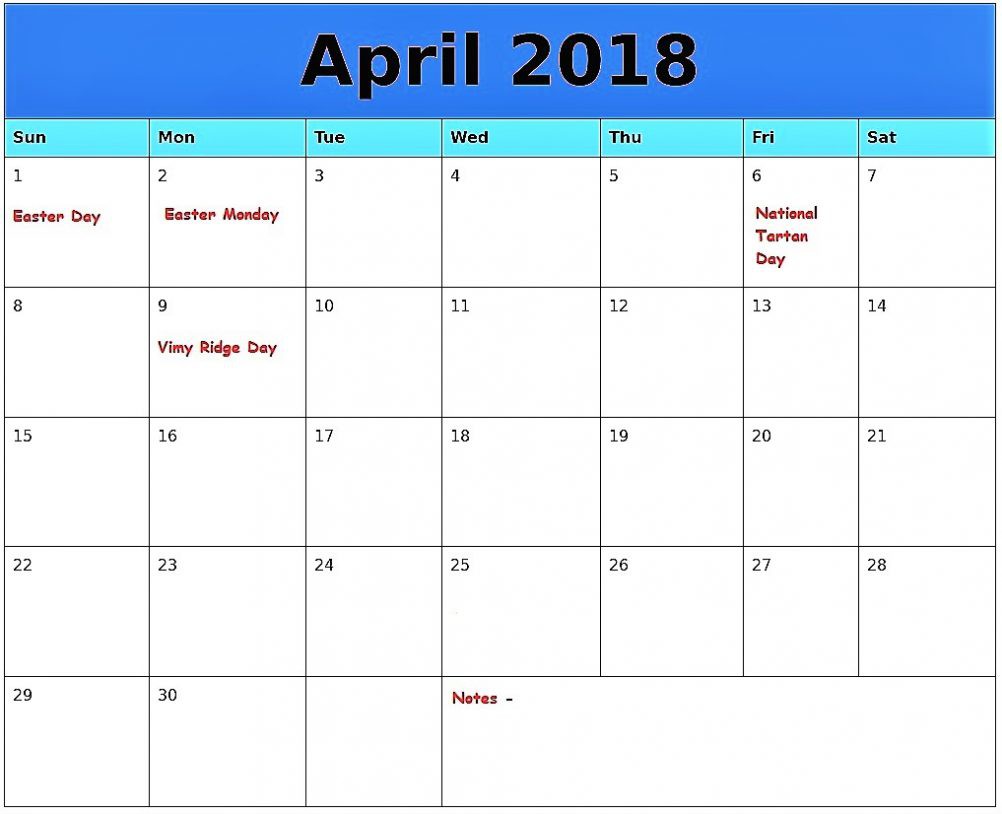 april 2018 calendar with holidays printable