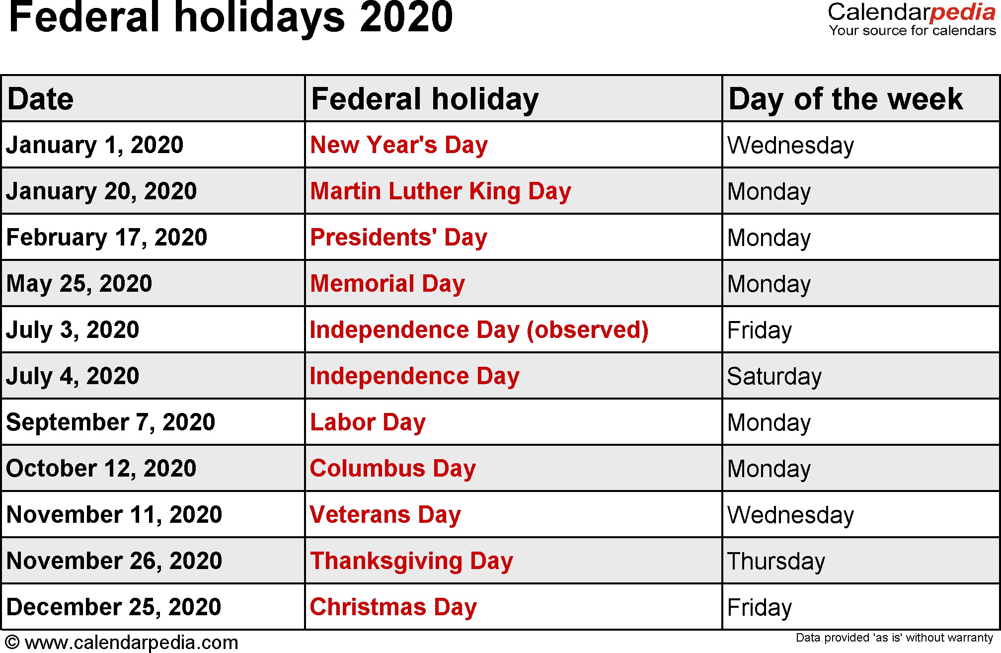 federal holidays 2020