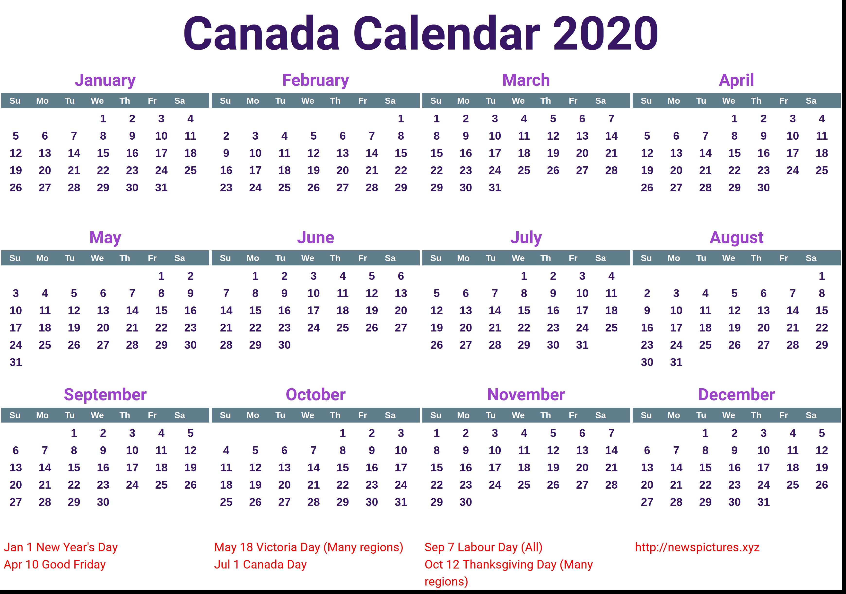 free canada calendar 2020 printable printcalendar xyz
