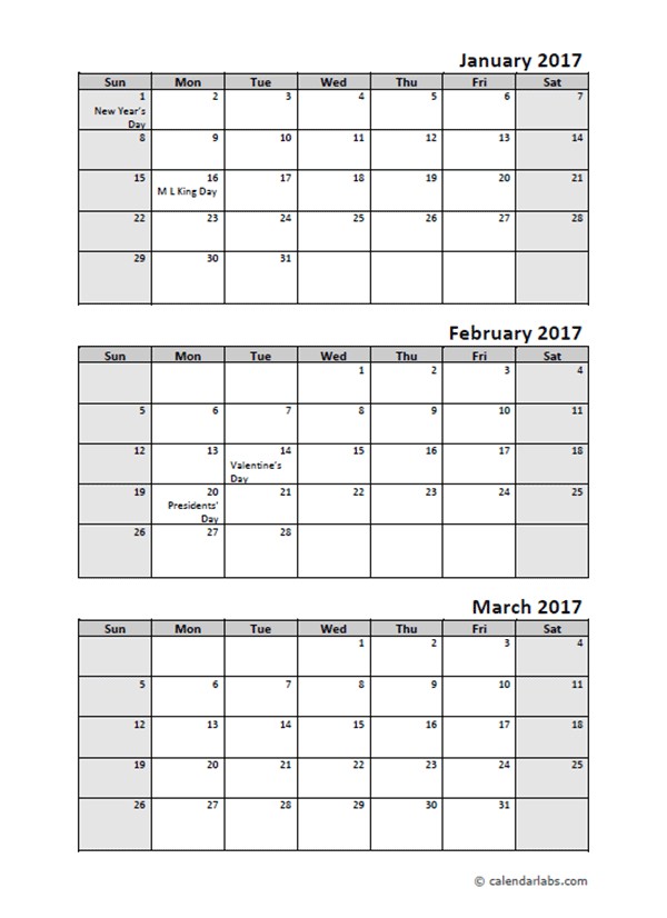 2017 quarterly calendar with holidays free printable