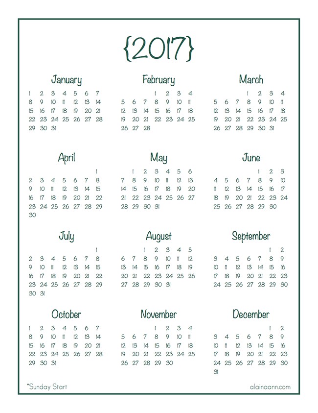 2017 year at a glance calendar free printable alaina