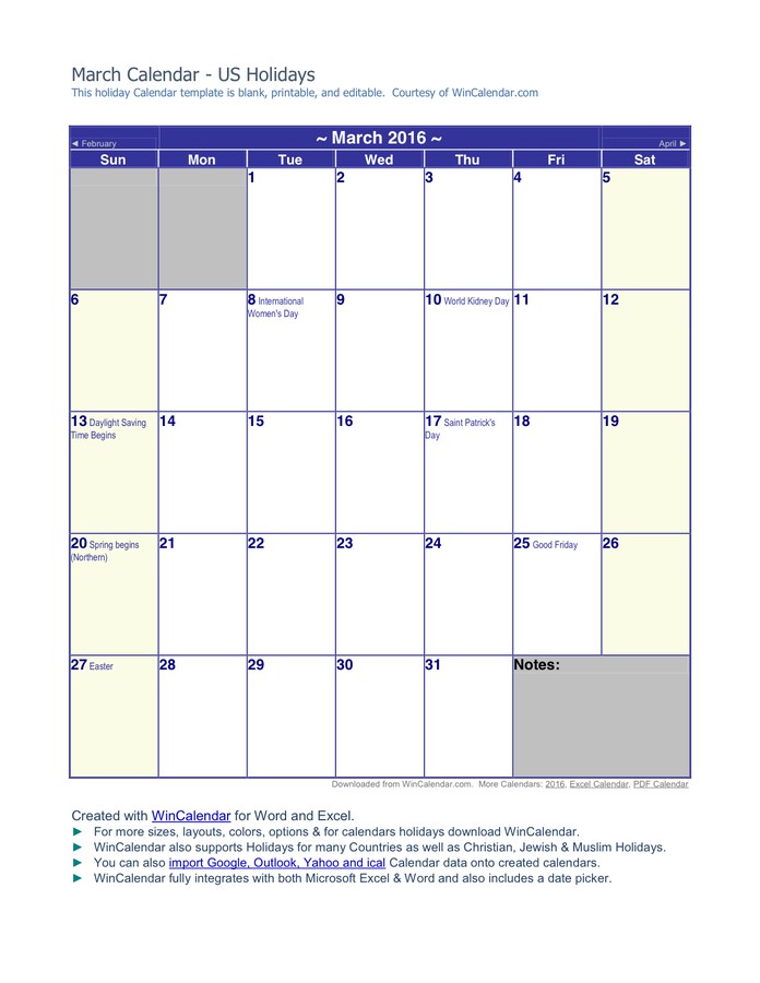 march 2016 calendar in word and pdf formats