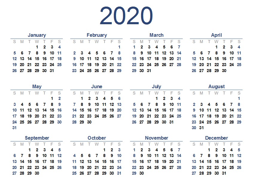 2020 one page calendar printable calendar 2020