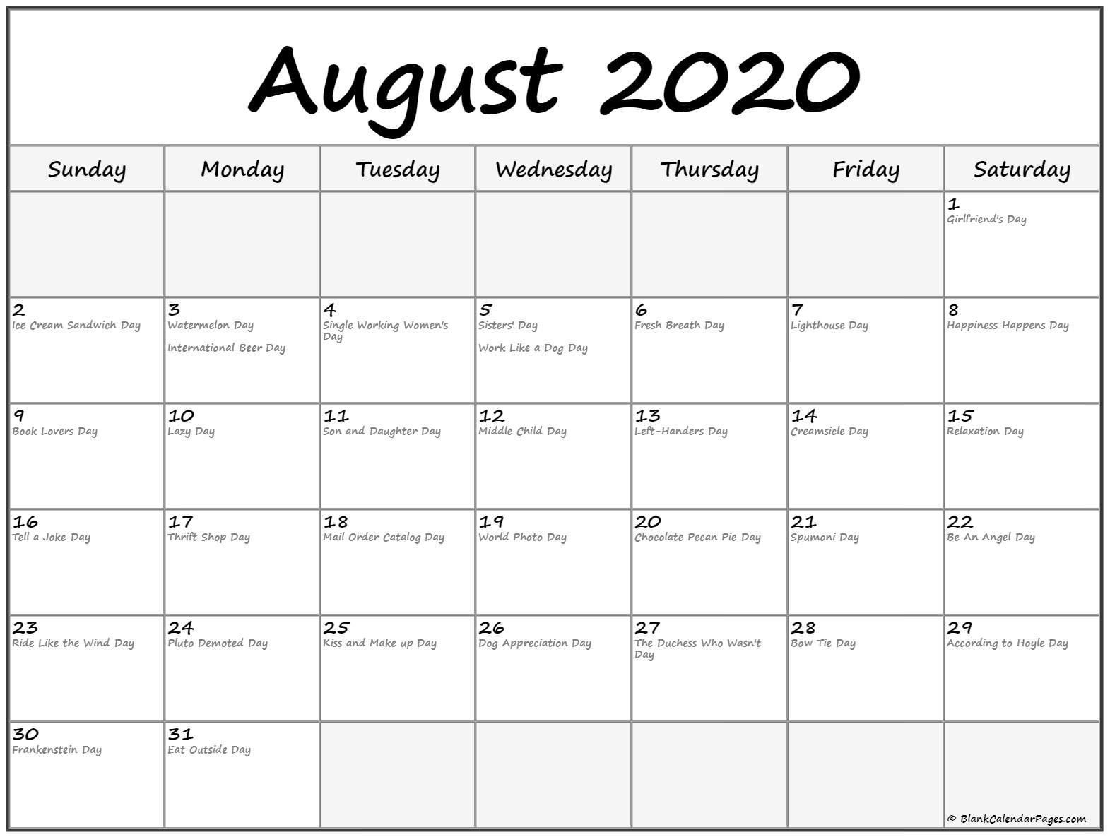 collection of august 2020 calendars with holidays