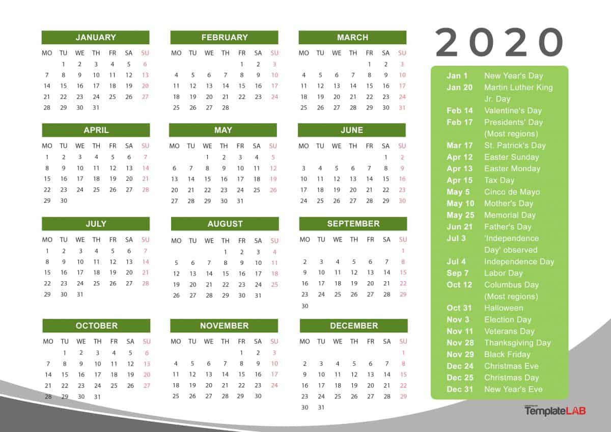 12 months 2020 printable calendar with holidays calendar