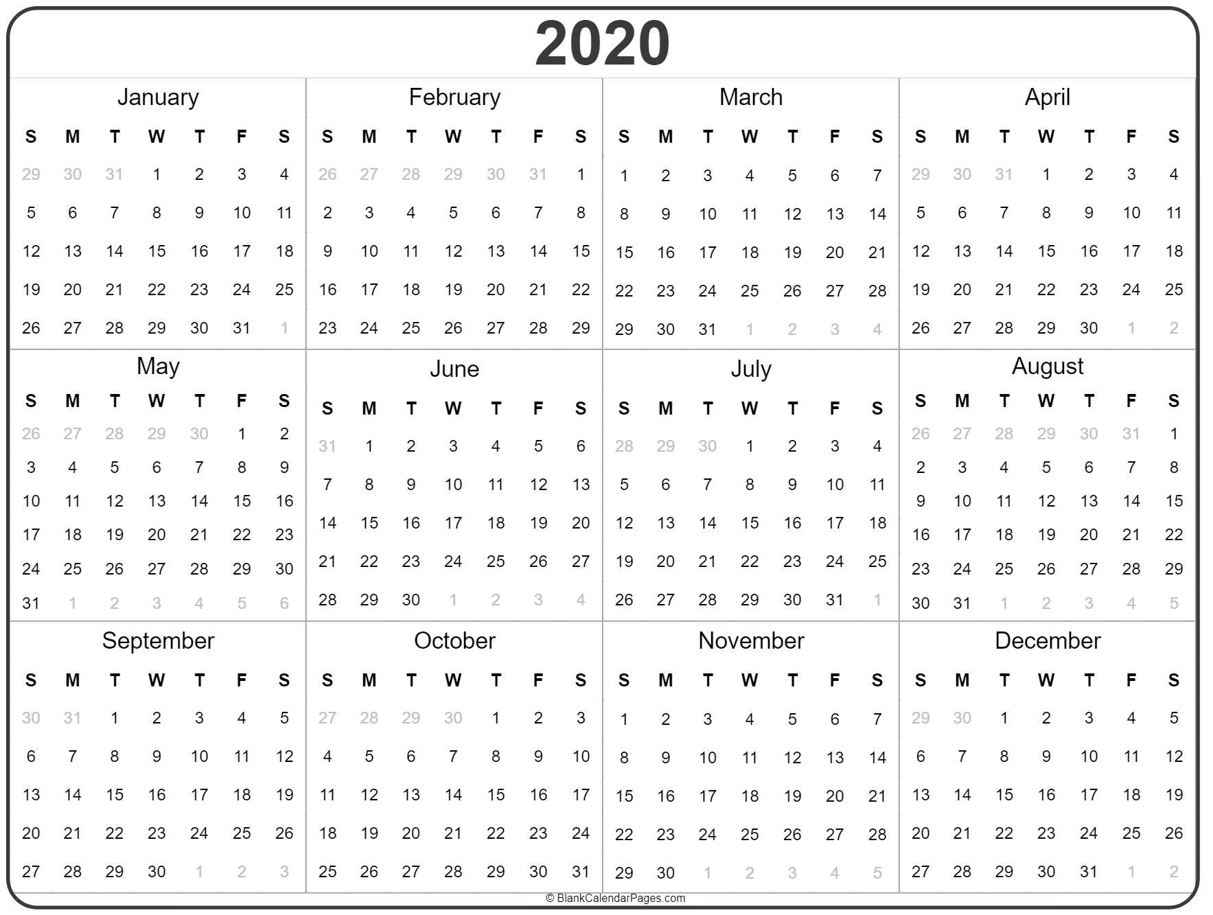 2020 year calendar yearly printable