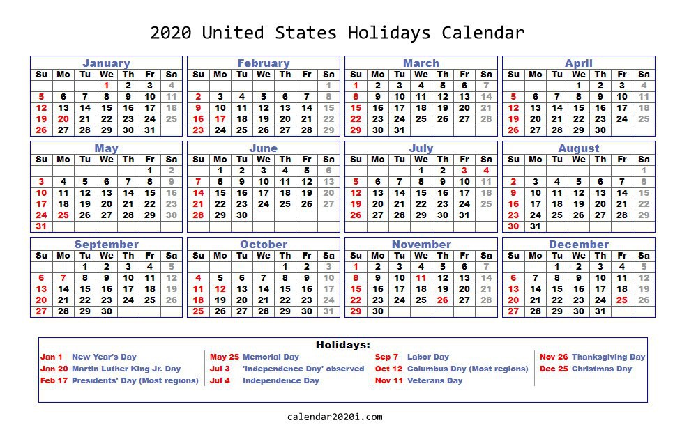 2020 holidays calendar printable worldwide calendar 2020
