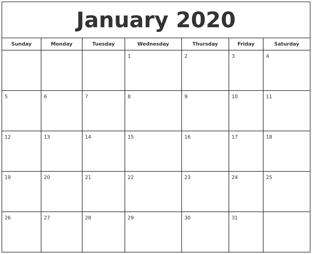 january 2020 print free calendar