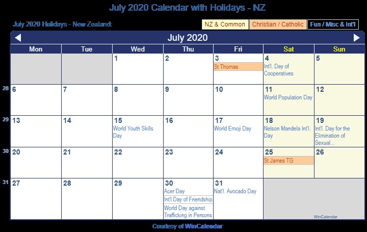 print friendly july 2020 new zealand calendar for printing