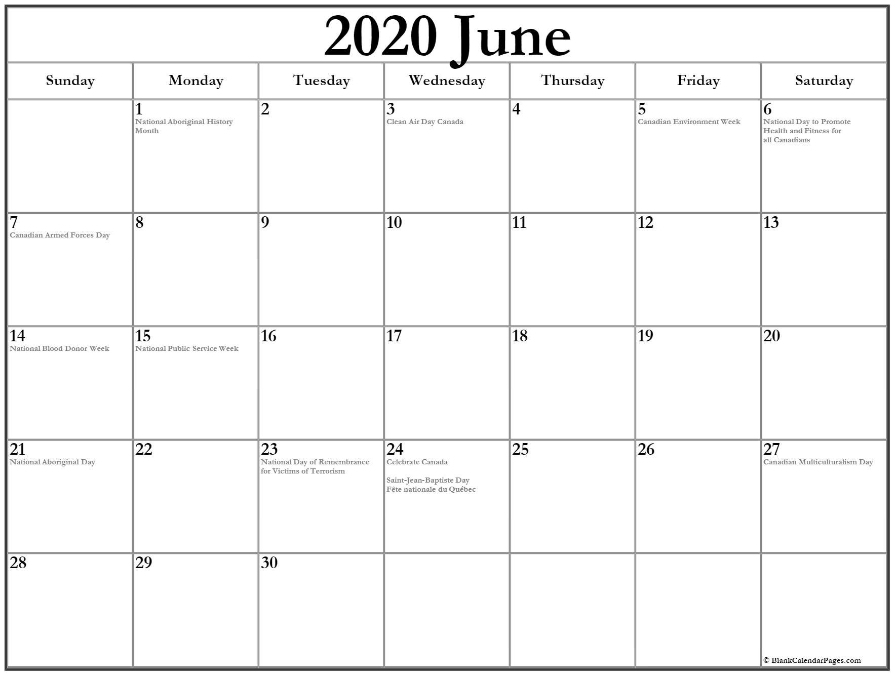 collection of june 2020 calendars with holidays