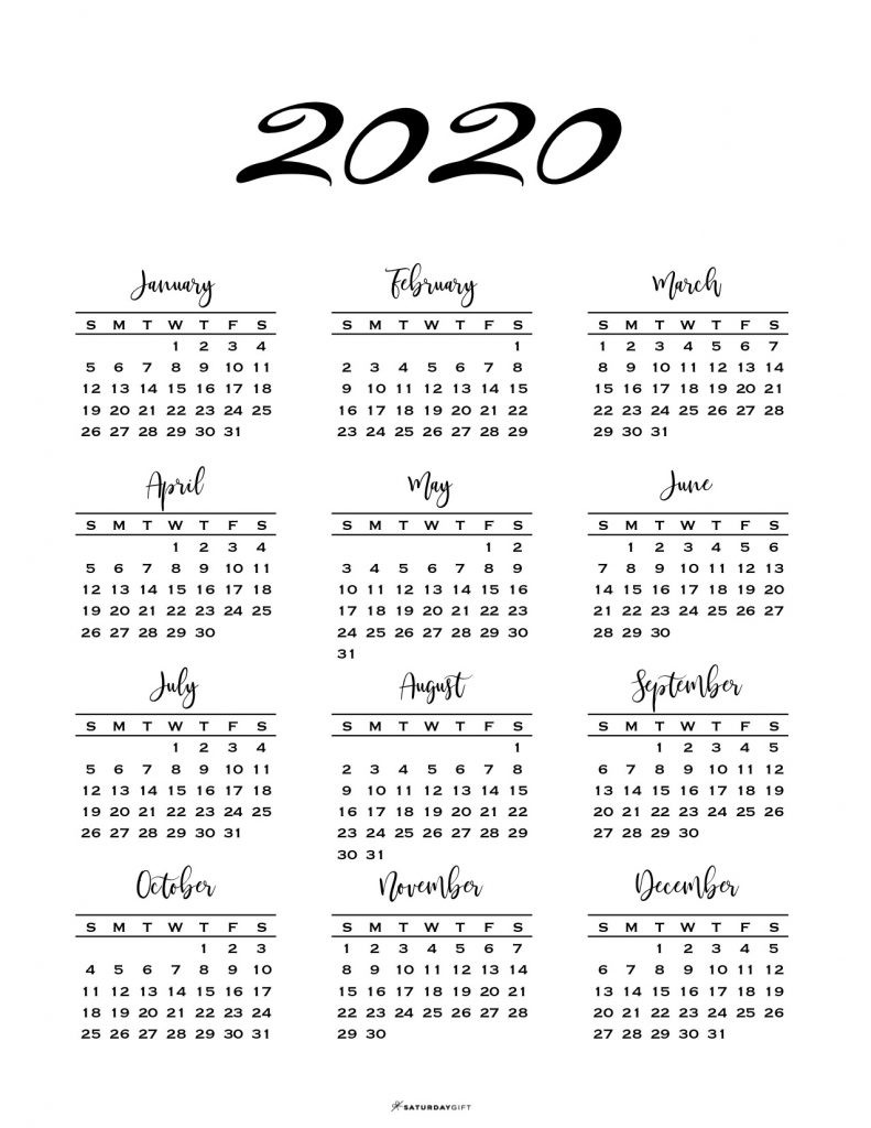 minimal one page calendar for 2019 2020 free printables