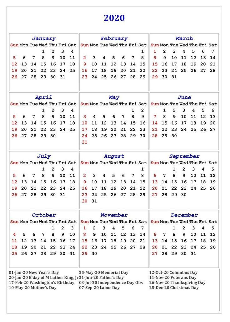 2020 one page holidays portrait calendar 2020 calendars
